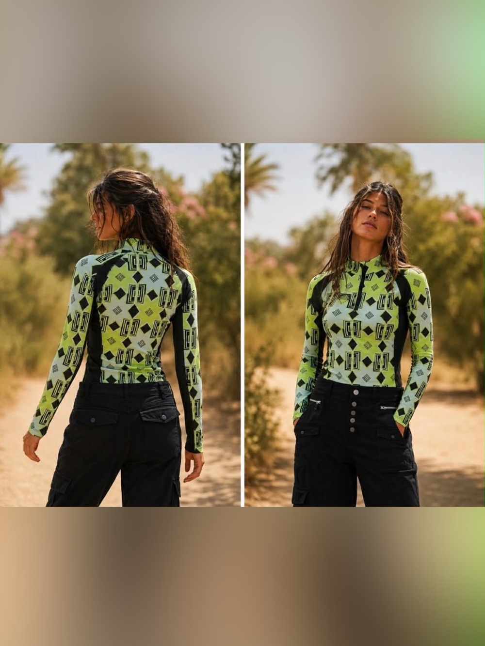 FP Movement by Free People Lime Green Geometric Long Sleeve Zip Top